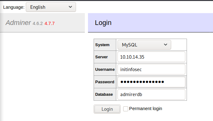 Login with adminer to remote server