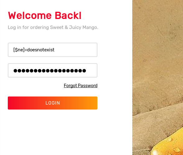 Testing NoSQL injection for login on 'Mango'
